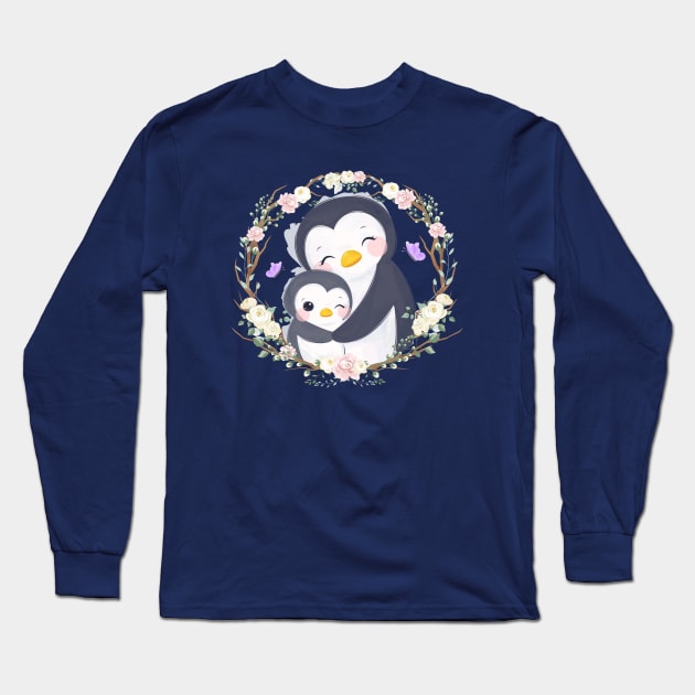 Penguin Motherhood Cartoon Long Sleeve T-Shirt by Mako Design 